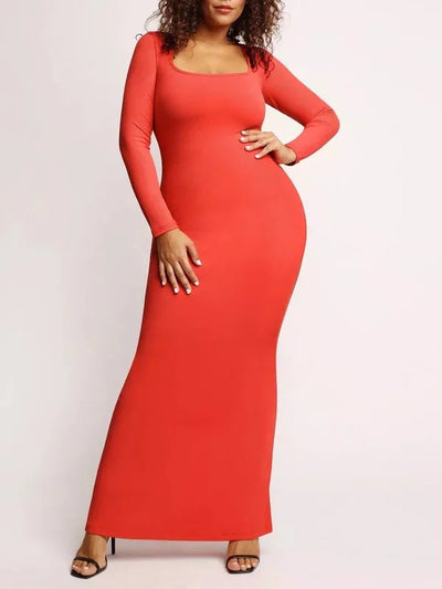 Solid Long Sleeve Dress With Built in Shapewear - Lumikova