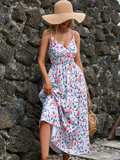 V Neck Spaghetti Strap Floral Dress - Lumikova