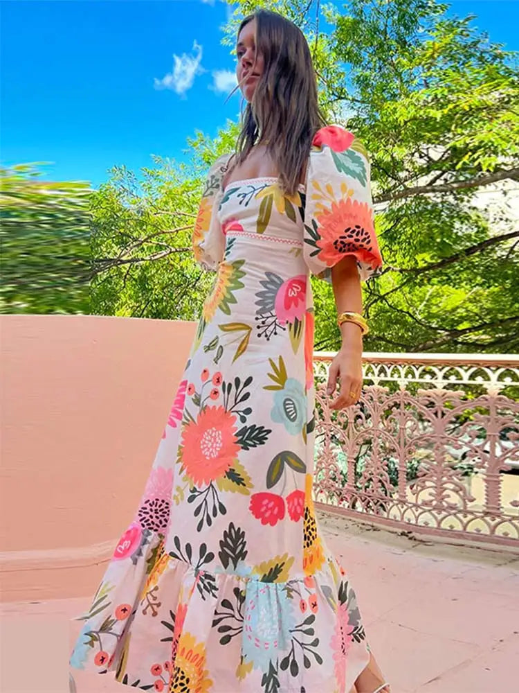 Colorful Flower Print Maxi Dress -  Elegant Square Neck Short Puff Sleeve - Lumikova