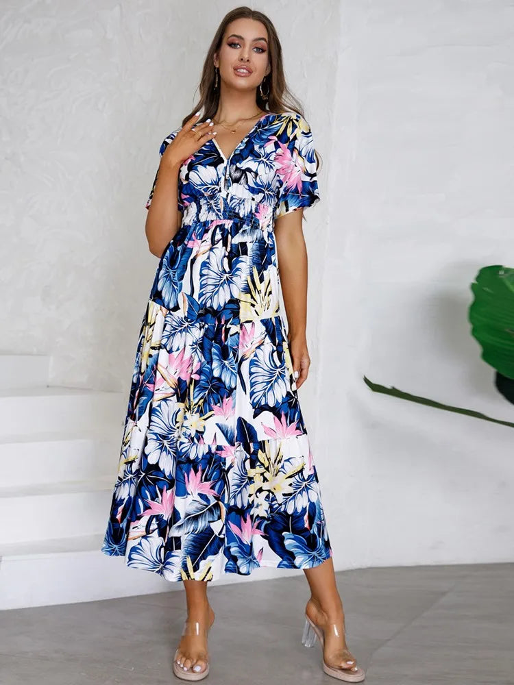 Floral V Neck Short Sleeve Summer Dress - Lumikova