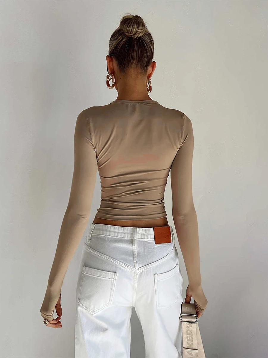 Basic Crewneck Casual Crop Top - Long Sleeve - Lumikova