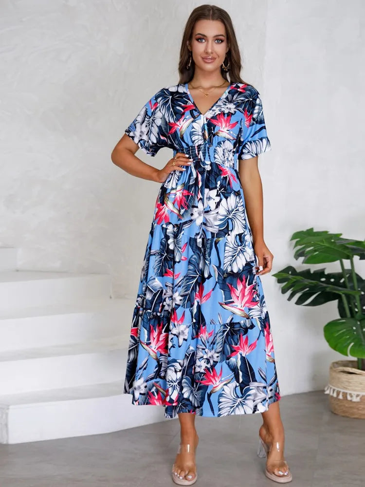 Floral V Neck Short Sleeve Summer Dress - Lumikova