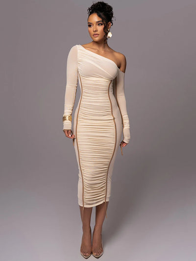 Diagonal Collar Long Sleeve Midi Chic Dress - Lumikova