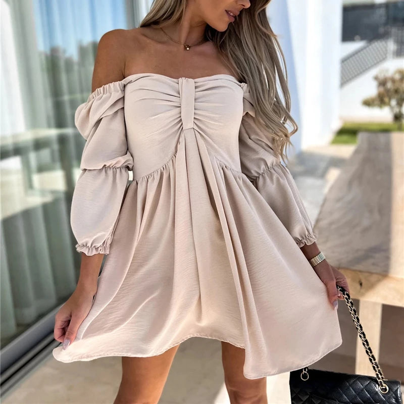 High Waist Mini Casual Dress - Puff Sleeve - Lumikova