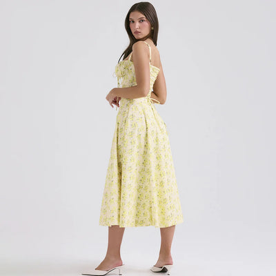 Vintage Spaghetti Strap - Elegant Midi Yellow Floral Print Dress - Lumikova