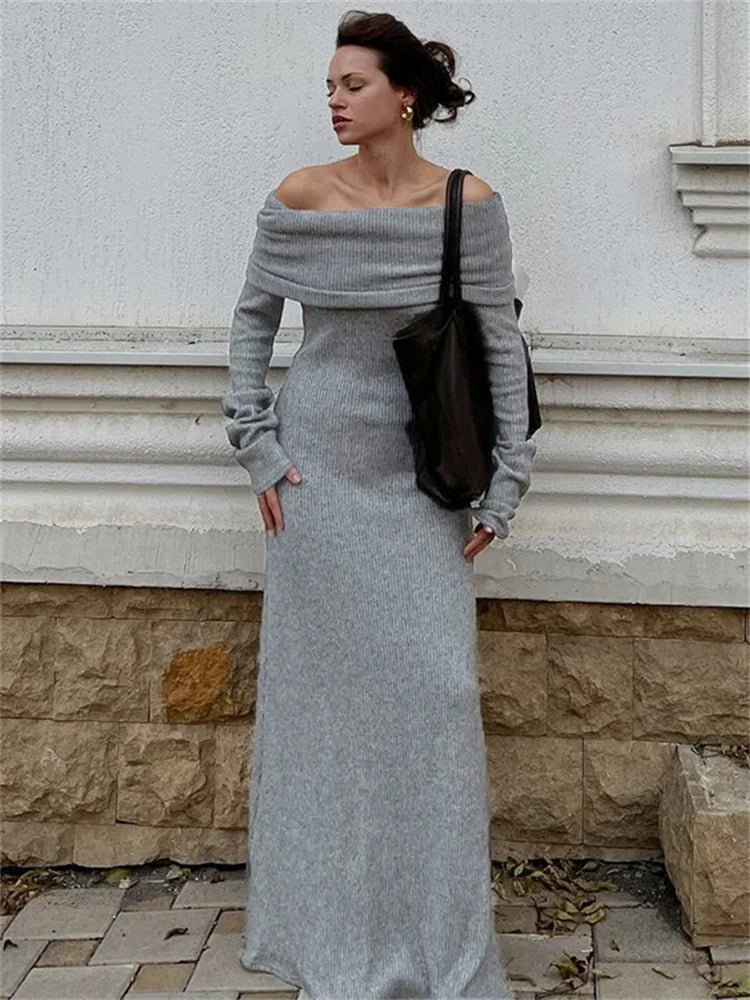 Off-Shoulder Knit Long Casual Dress - Lumikova