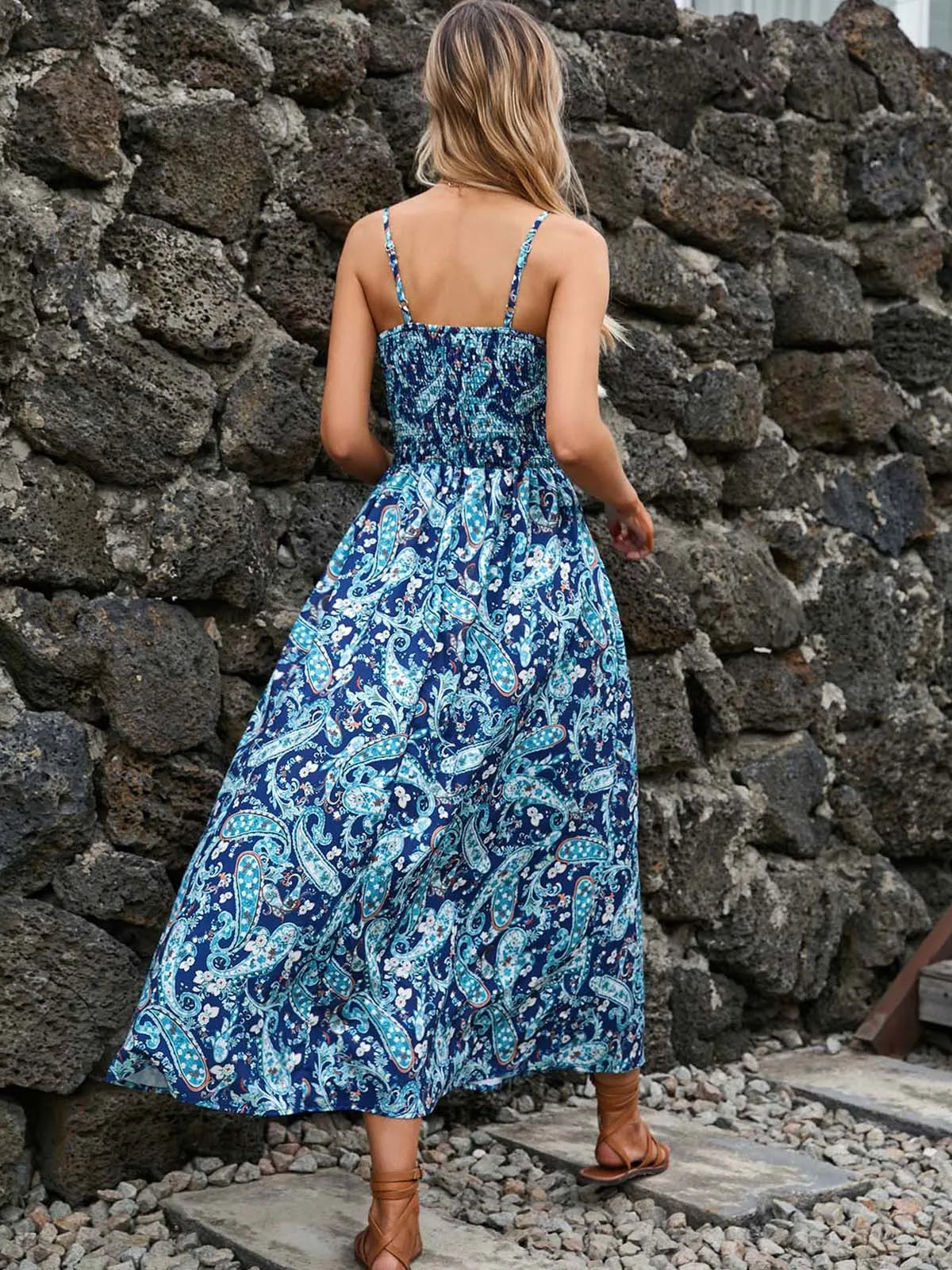 V Neck Spaghetti Strap Floral Dress - Lumikova