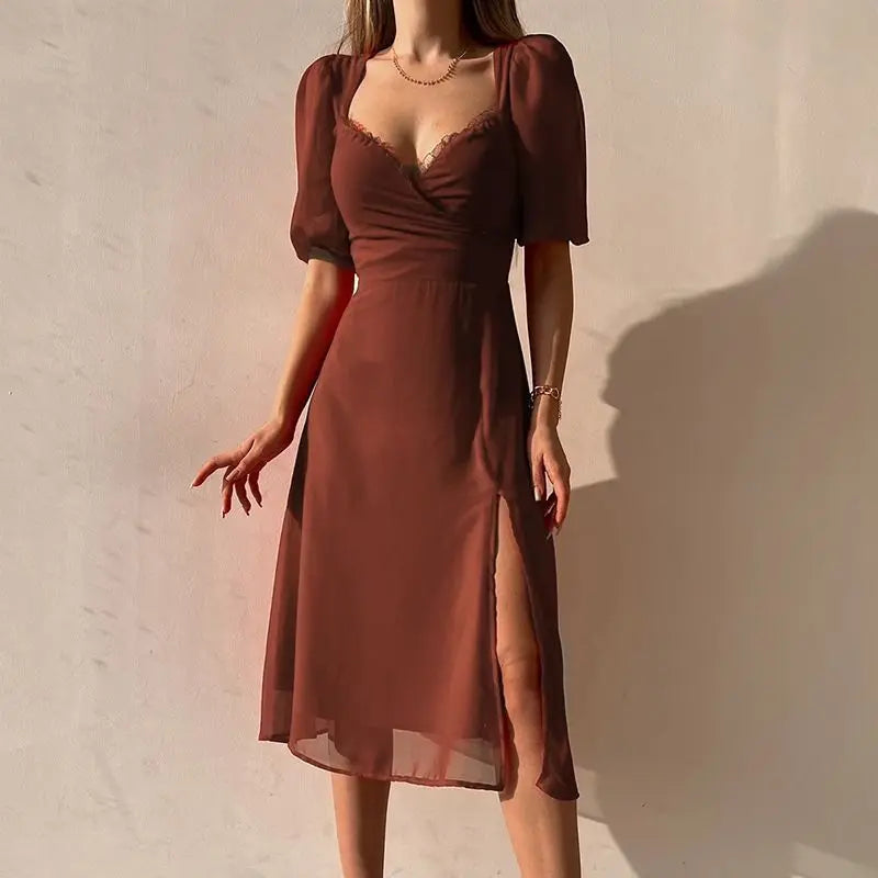 Chiffon High Split Short Sleeve Deep V Neck Elegant Dress - Lumikova