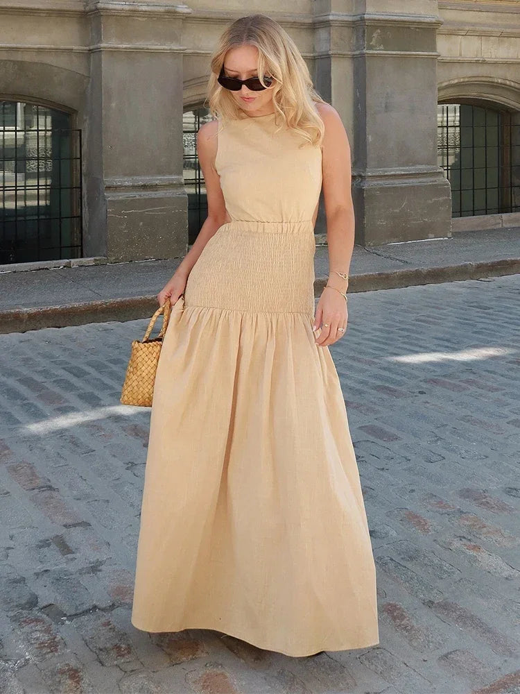 Summer Elegant Solid Pleated Long Dress - Lumikova