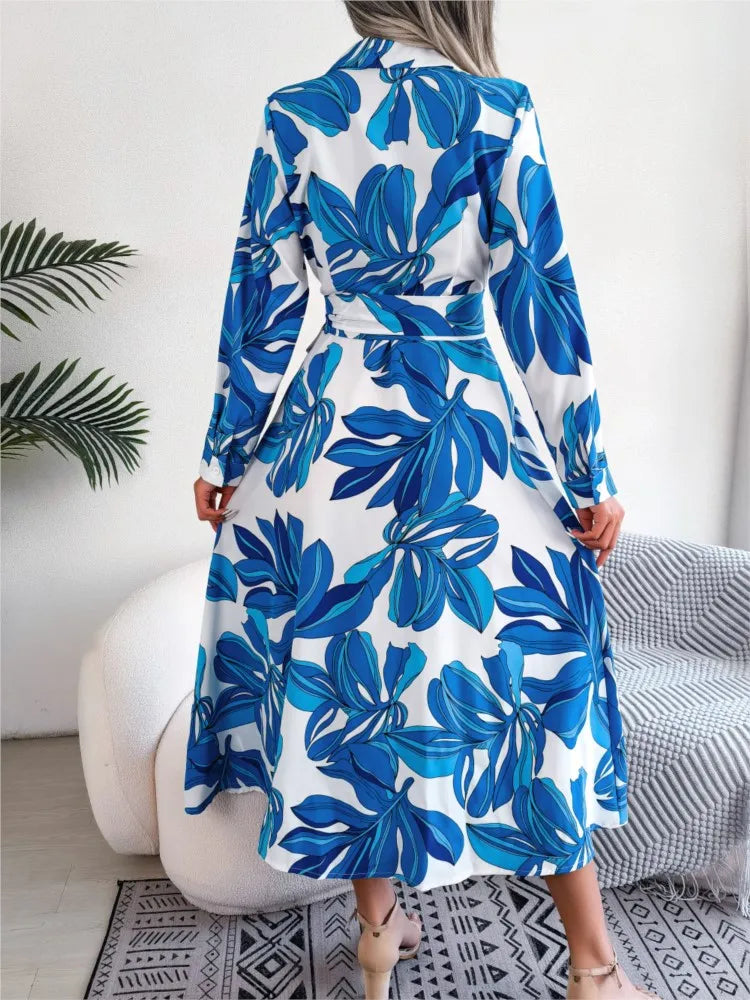 Casual Turn Down Collar Long Sleeve Floral Dress - Lumikova