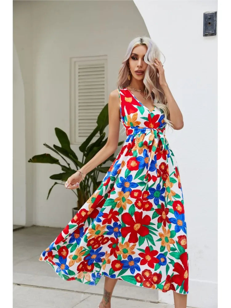 Flowy V Neck Sleeveless Colorful Dress - Lumikova