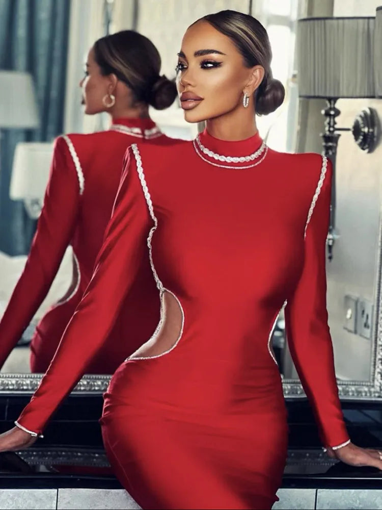 Turtleneck Long Sleeve Red Midi Elegant Dress - Lumikova