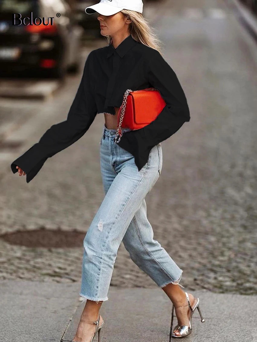 White Crop Top - Blouse Elegant Flare Sleeve - Lumikova