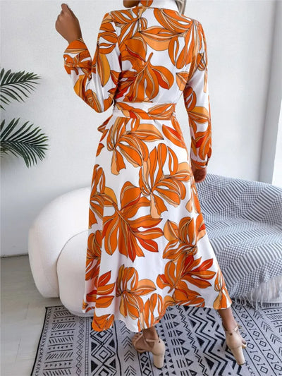 Casual Turn Down Collar Long Sleeve Floral Dress - Lumikova