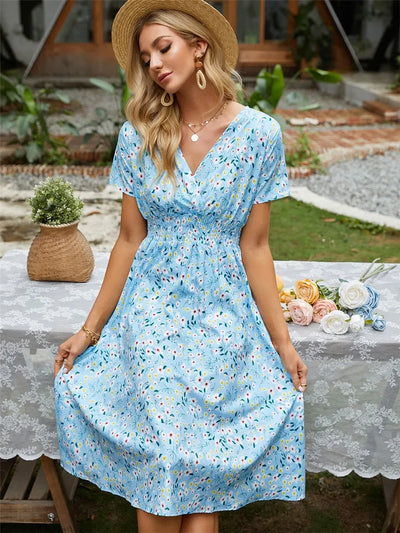 Summer Floral Casual Dress - Midi Long Short Sleeve - Lumikova