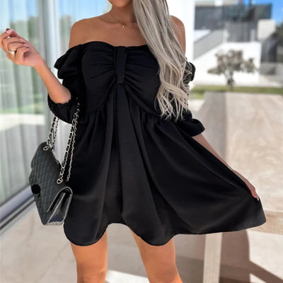 High Waist Mini Casual Dress - Puff Sleeve - Lumikova