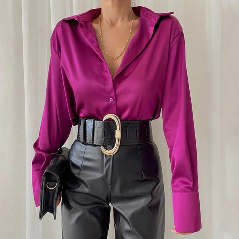 Elegant Satin Blouse - Long Sleeve Solid - Lumikova