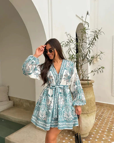 Elegant Printed V Neck Lace Up Long Sleeve Dress - Lumikova