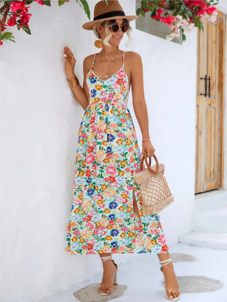 Mira Floral V Neck Sleeveless Dress - Lumikova