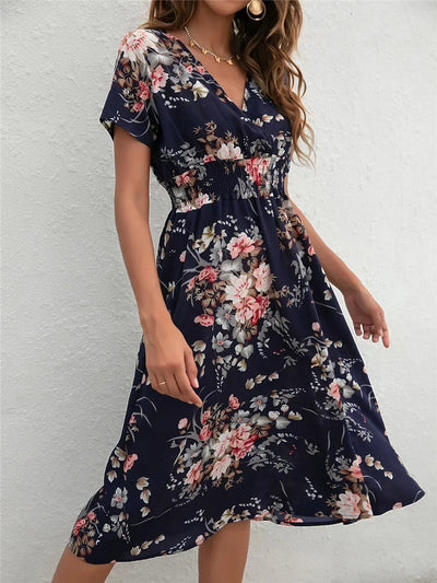 Summer Floral Casual Dress - Midi Long Short Sleeve - Lumikova