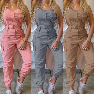 Women's Sleeveless High Waist Cargo Jumpsuit | Solid Color with Pockets - Lumikova