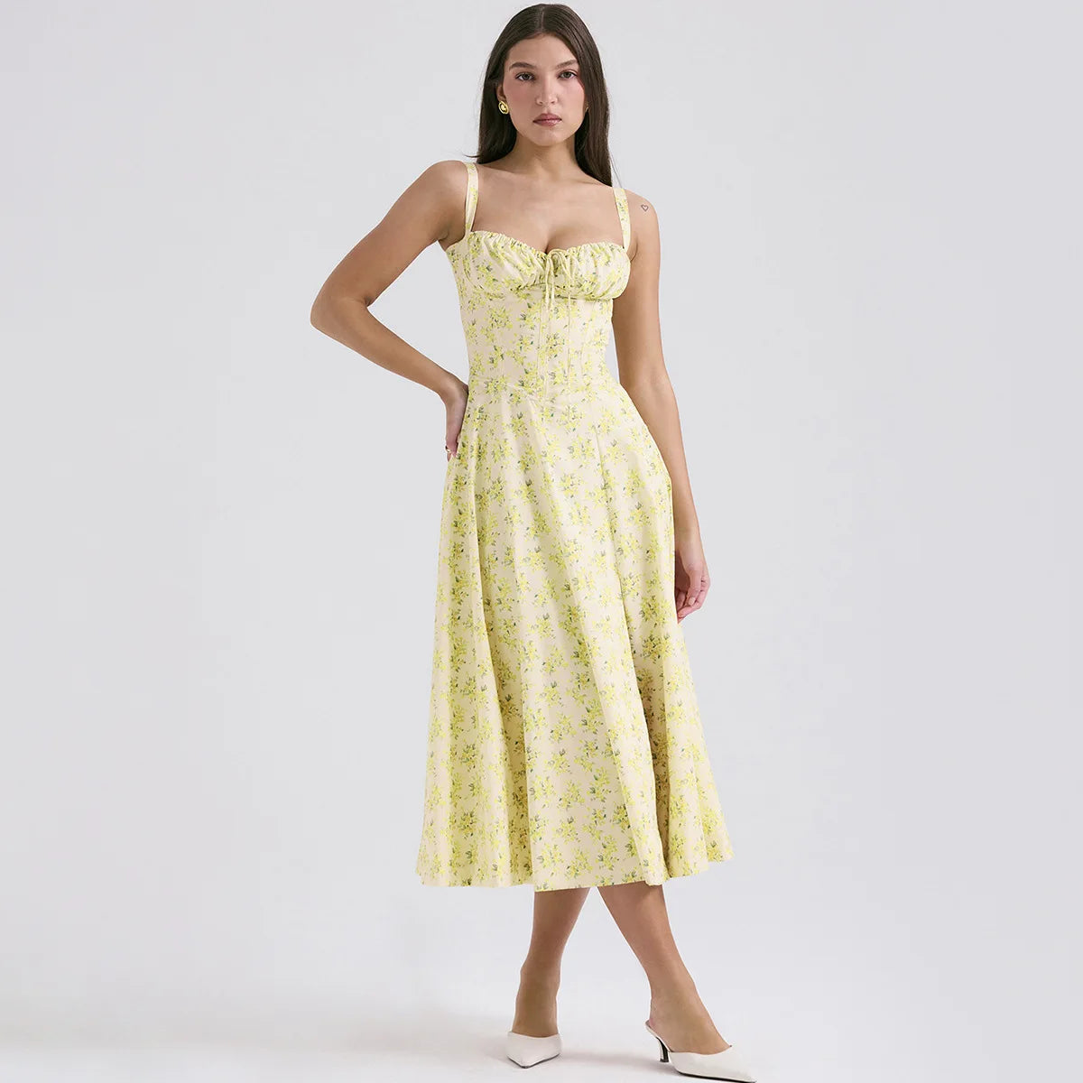 Vintage Spaghetti Strap - Elegant Midi Yellow Floral Print Dress - Lumikova