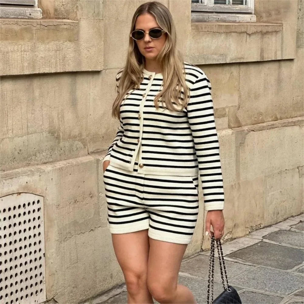 Fashion Knit Striped Shorts Set - Long Sleeve Jacket - Lumikova