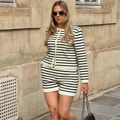 Fashion Knit Striped Shorts Set - Long Sleeve Jacket - Lumikova