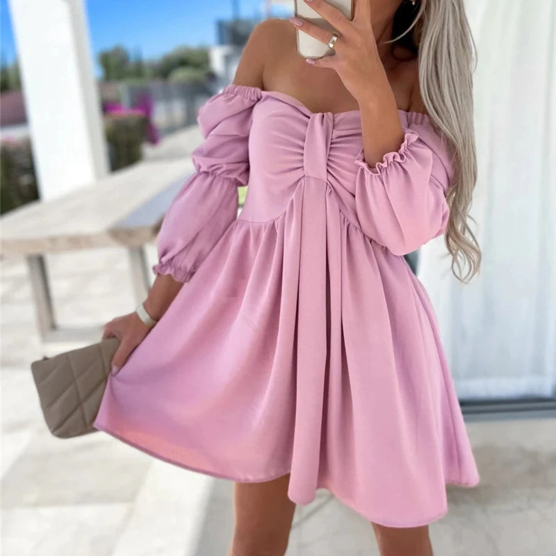 High Waist Mini Casual Dress - Puff Sleeve - Lumikova