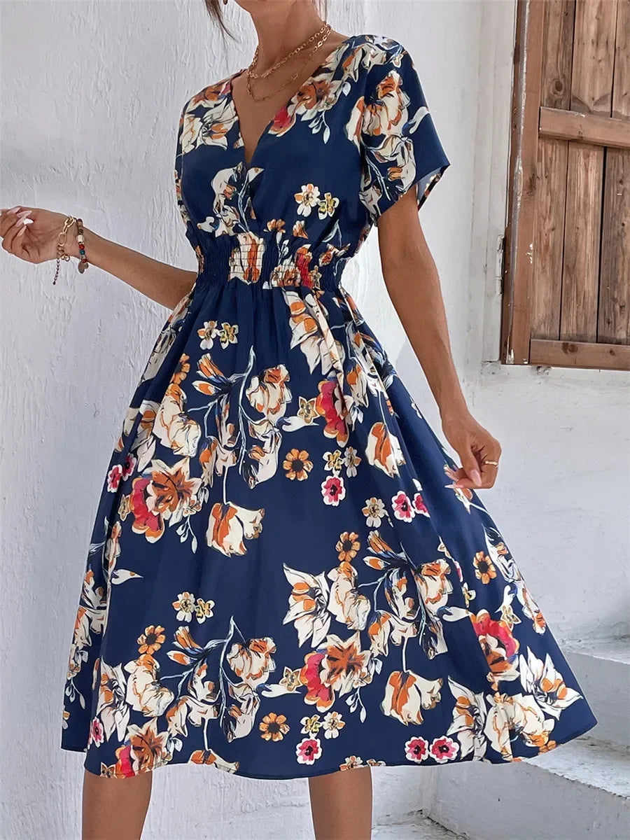 Summer Floral Casual Dress - Midi Long Short Sleeve - Lumikova