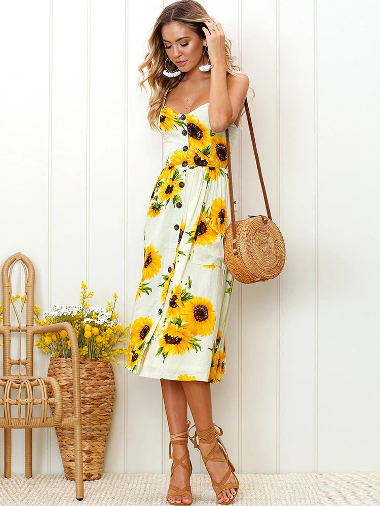 Summer Sunflower Floral Dress - Strapless and Backless - Lumikova