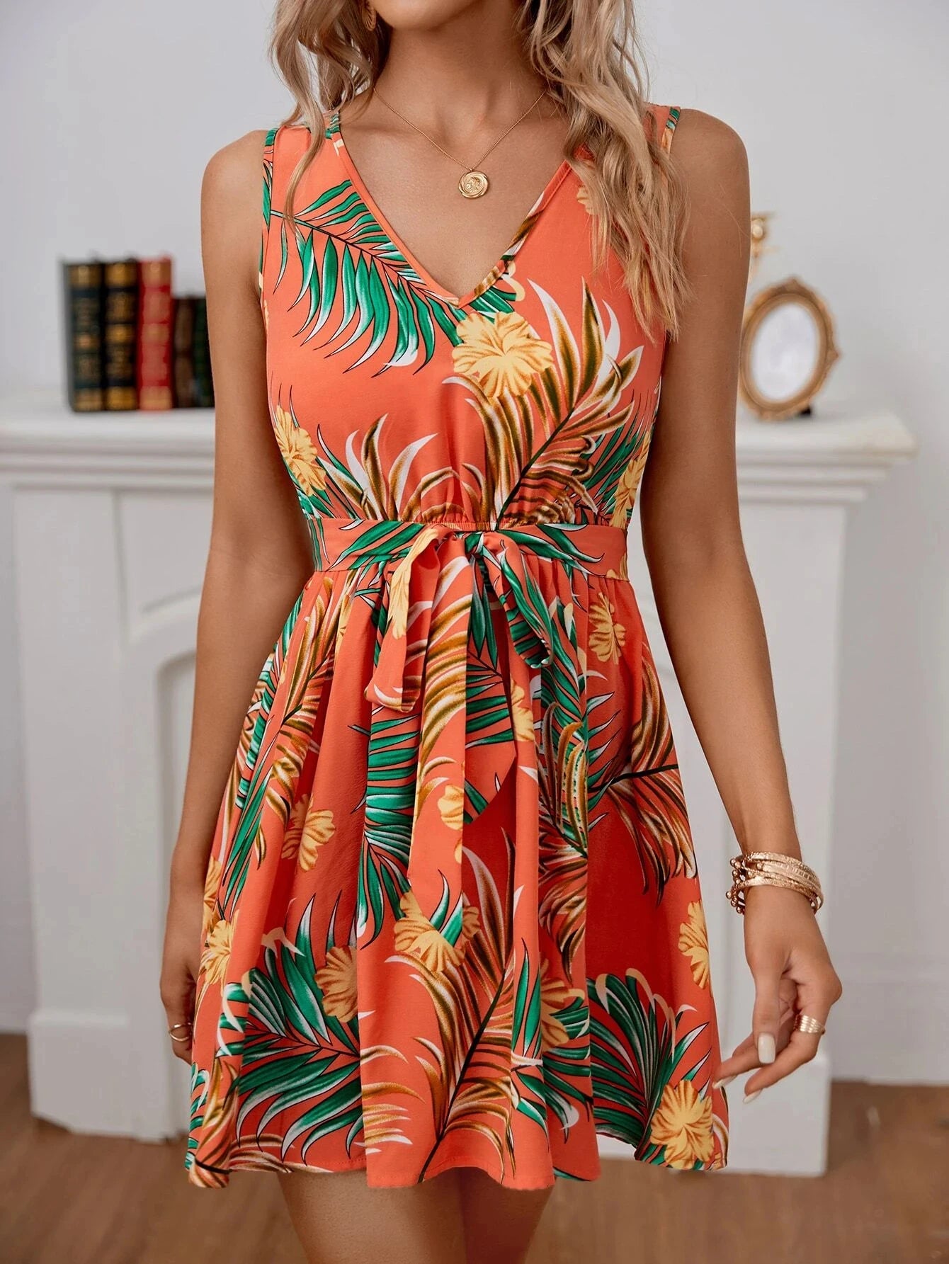 Floral Elegant Orange Belt Dress - Lumikova