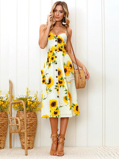 Summer Sunflower Floral Dress - Strapless and Backless - Lumikova