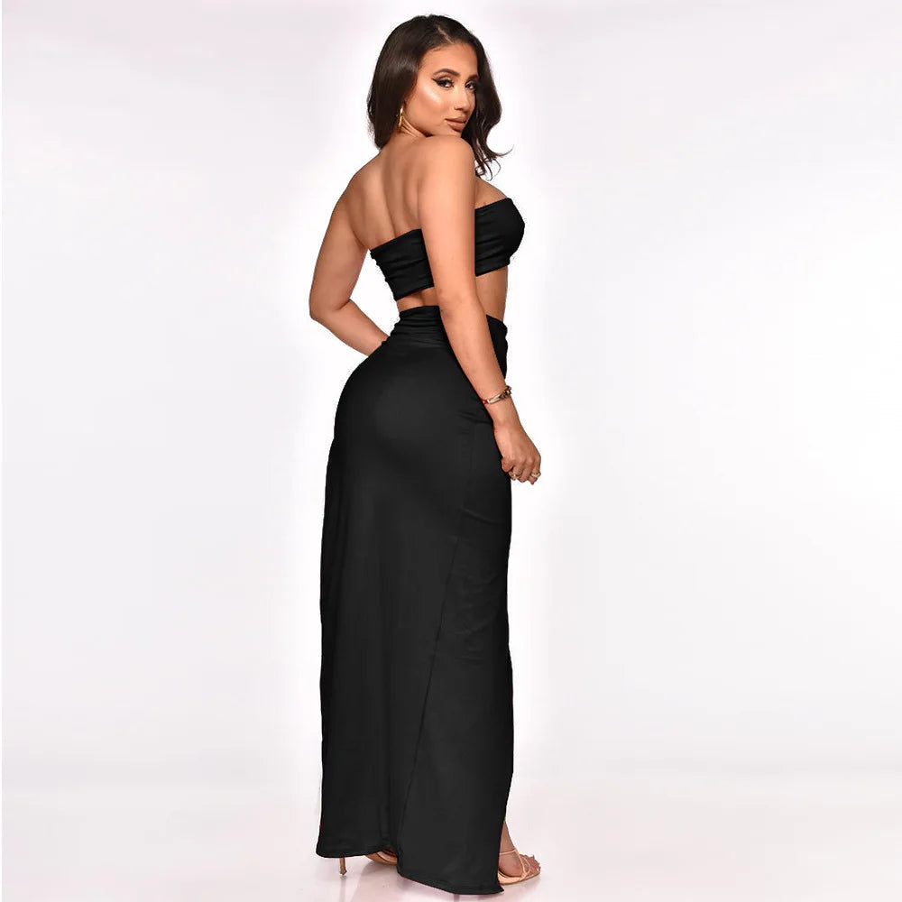 Solid Color Breast Wrap Top & Irregular Slit Skirt Set | Streetwear Club Party Outfit - Lumikova