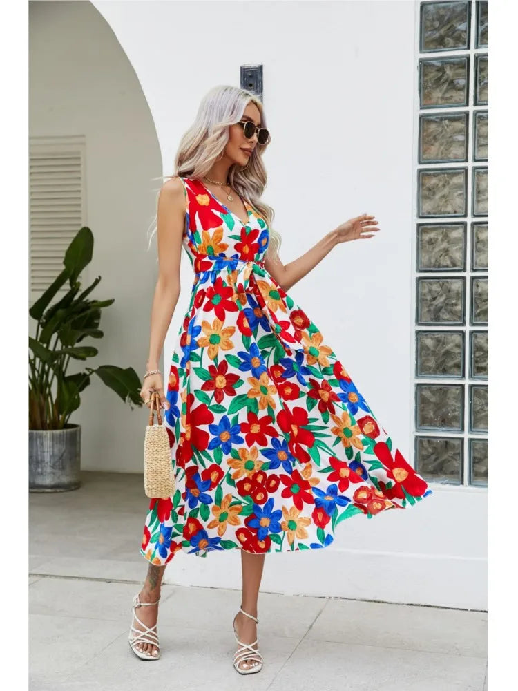 Flowy V Neck Sleeveless Colorful Dress - Lumikova