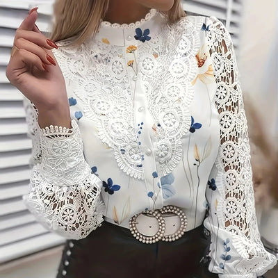 Hollow Out Shirt Elegant Long Sleeve Floral Print Top - Lumikova