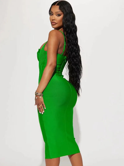 Sleeveless Backless Green Midi Bandage Elegant Dress - Lumikova