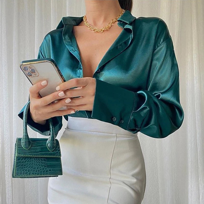 Elegant Satin Blouse - Long Sleeve Solid - Lumikova