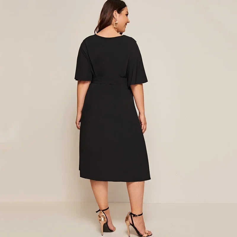 Plus Size Tie Front Elegant Dress - Ruffle Sleeve Sashes - Lumikova