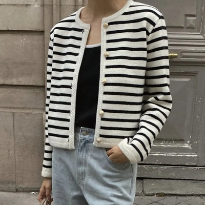 Fashion Knit Striped Shorts Set - Long Sleeve Jacket - Lumikova