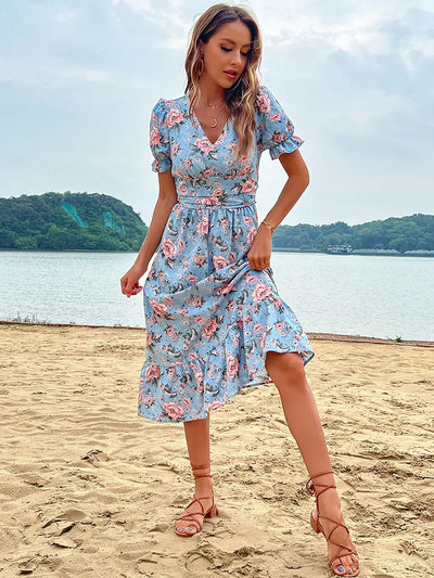 Beach Sundress Short Sleeve V Neck Midi Floral Dress - Lumikova