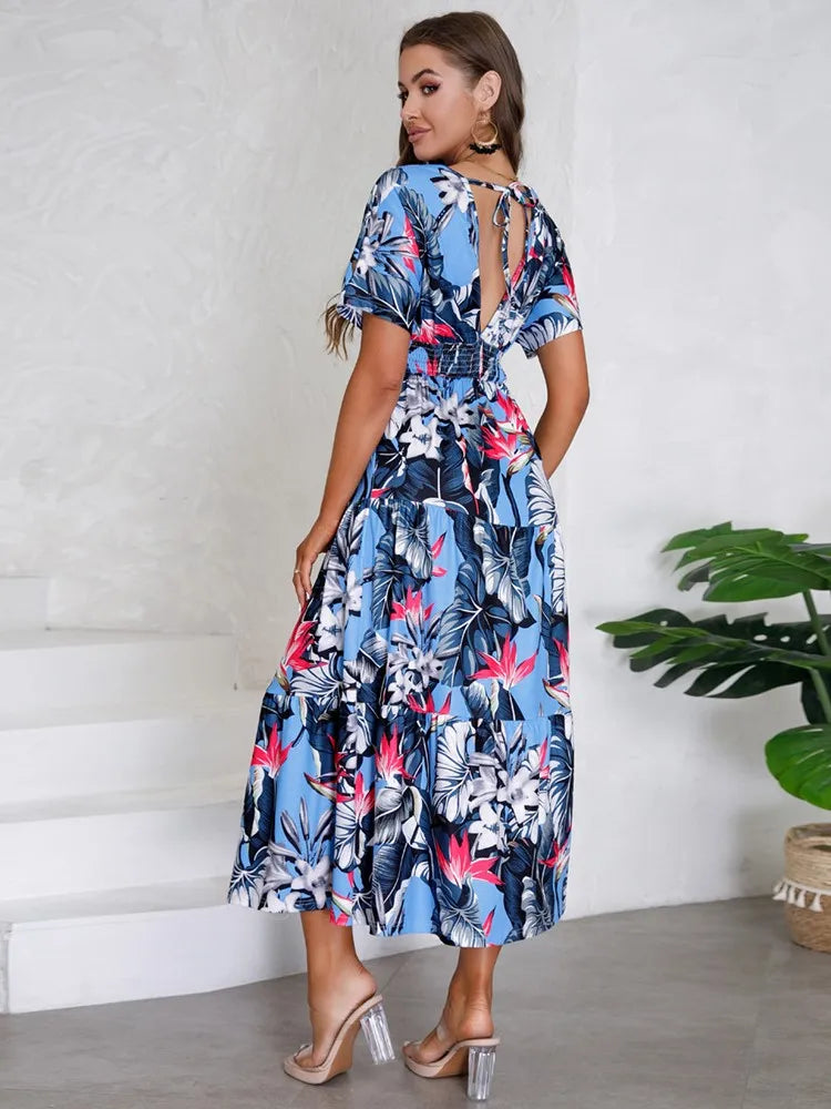 Floral V Neck Short Sleeve Summer Dress - Lumikova