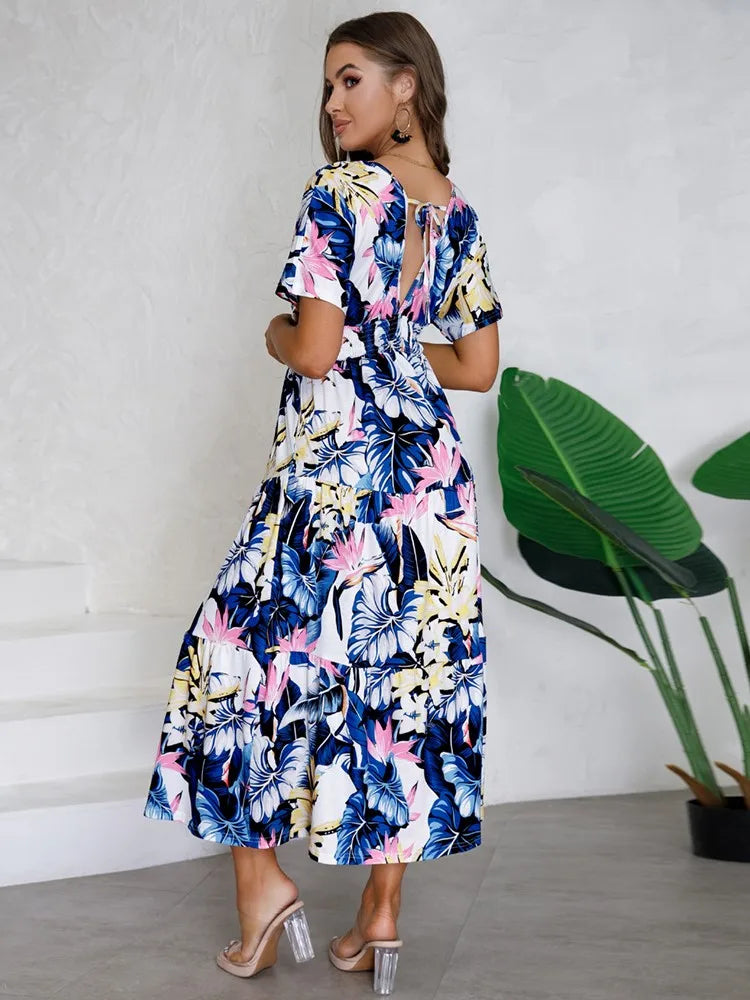 Floral V Neck Short Sleeve Summer Dress - Lumikova