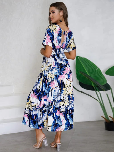 Floral V Neck Short Sleeve Summer Dress - Lumikova