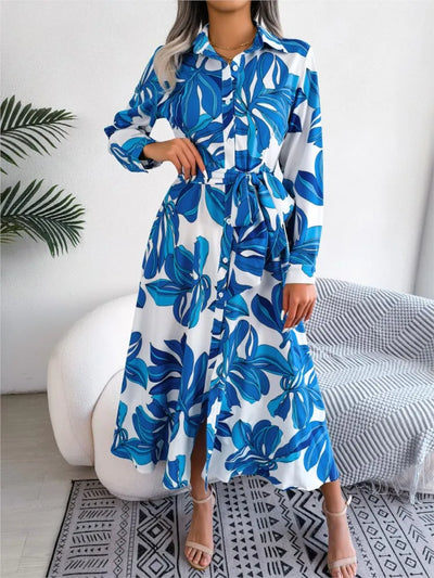 Casual Turn Down Collar Long Sleeve Floral Dress - Lumikova