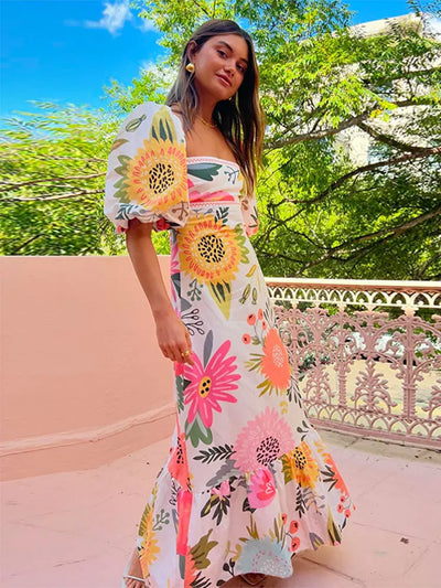 Colorful Flower Print Maxi Dress -  Elegant Square Neck Short Puff Sleeve - Lumikova