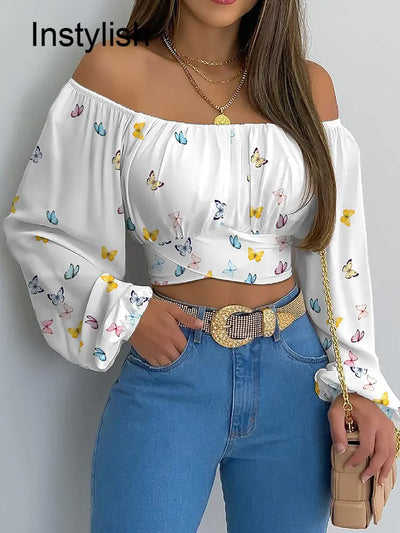 Elegant Off Shoulder Print Blouse - Backless Casual Long Sleeve Crop Top - Lumikova