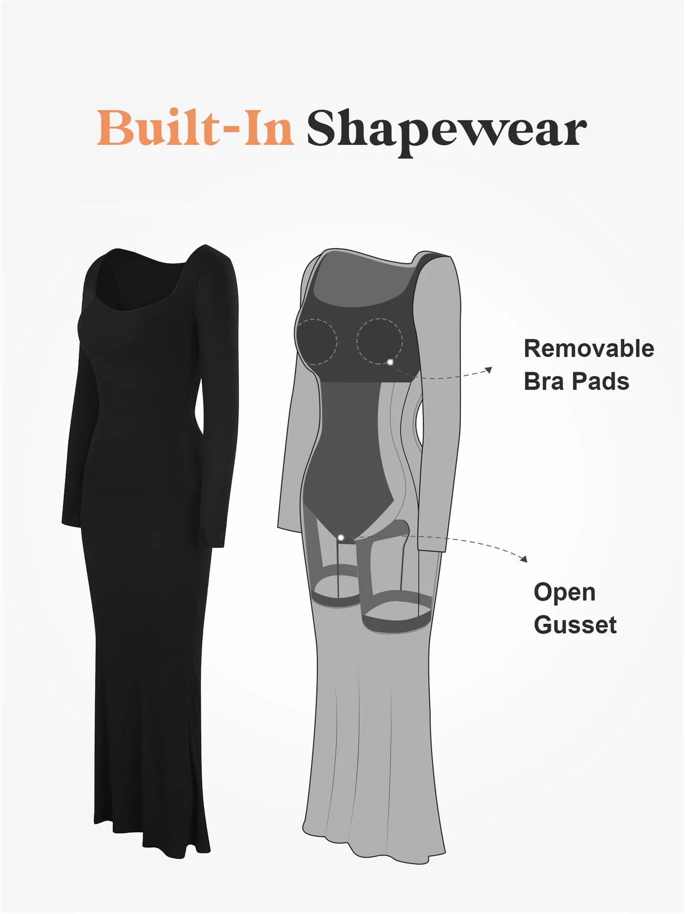 Solid Long Sleeve Dress With Built in Shapewear - Lumikova