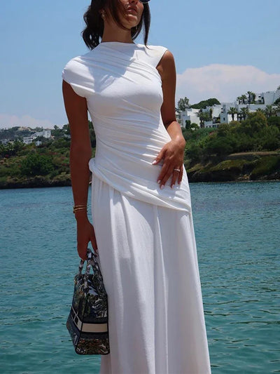 Elegant White Pleated Irregular Maxi Dress - Lumikova