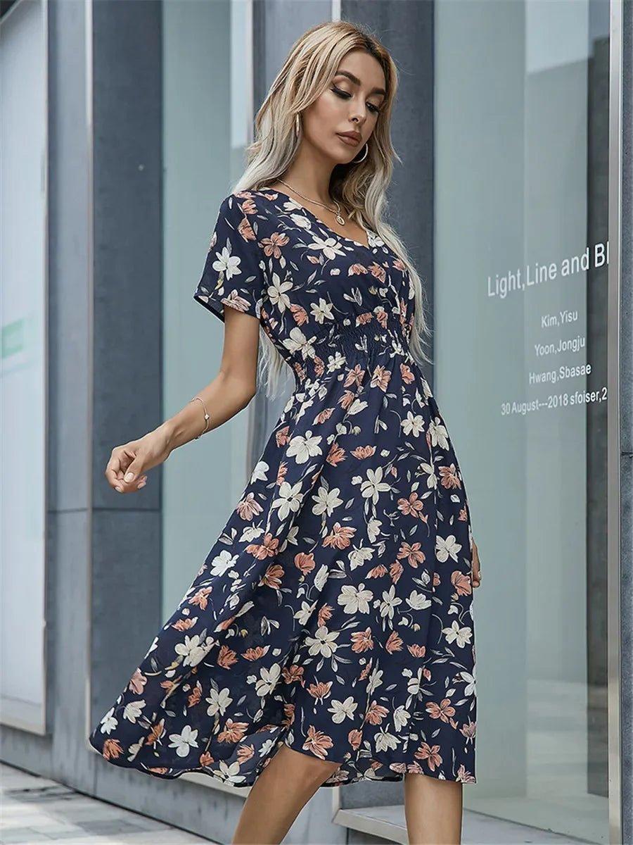 Summer Floral Casual Dress - Midi Long Short Sleeve - Lumikova